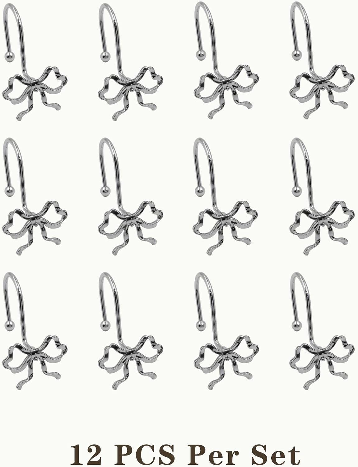 Silver Bow Shower Curtain Hooks, 12 Pack Coquette Bathroom Decor, Decorative Metal Rust Proof Shower Curtain Rings for Modern Feminine & Elegant Bathroom Aesthetic