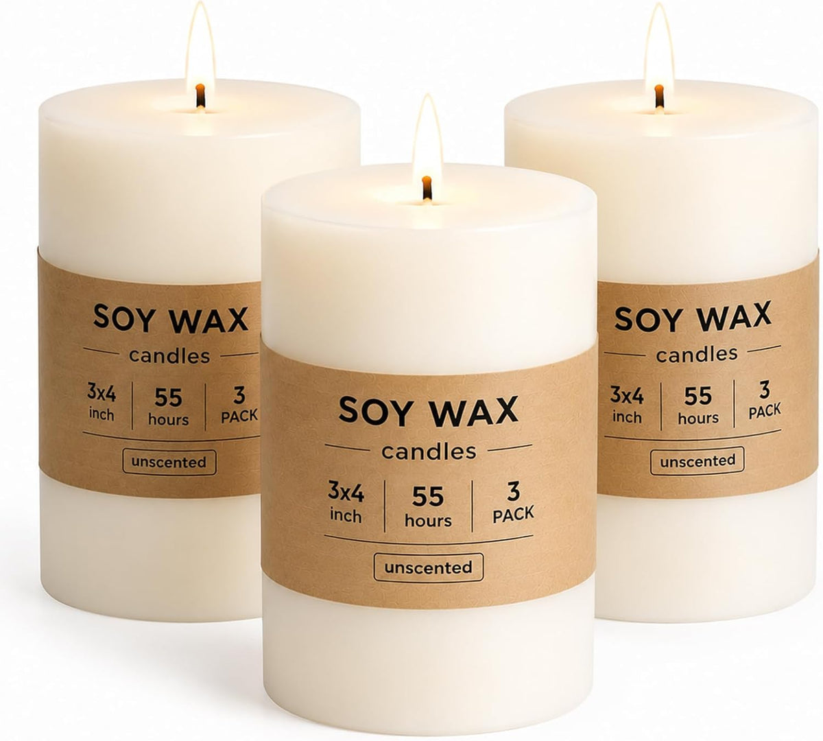 White Soy Pillar Candles,Non-Toxic,3x4 Inch, 55-Hour,Unscented,3 Pack