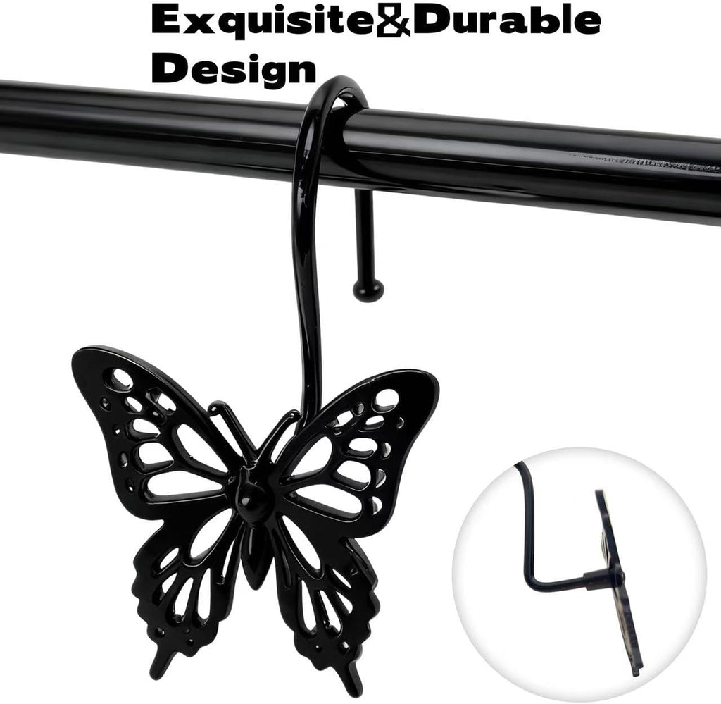 12PCS Decorative Shower Curtain Hooks, Metal Shower Curtain Rings, Rustproof Shower Curtain Hanger for Bathroom, Elegant Butterfly Design (Black)