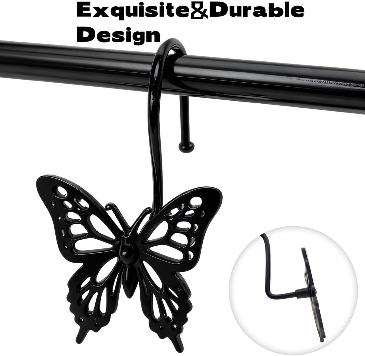 12PCS Decorative Shower Curtain Hooks, Metal Shower Curtain Rings, Rustproof Shower Curtain Hanger for Bathroom, Elegant Butterfly Design (Black)