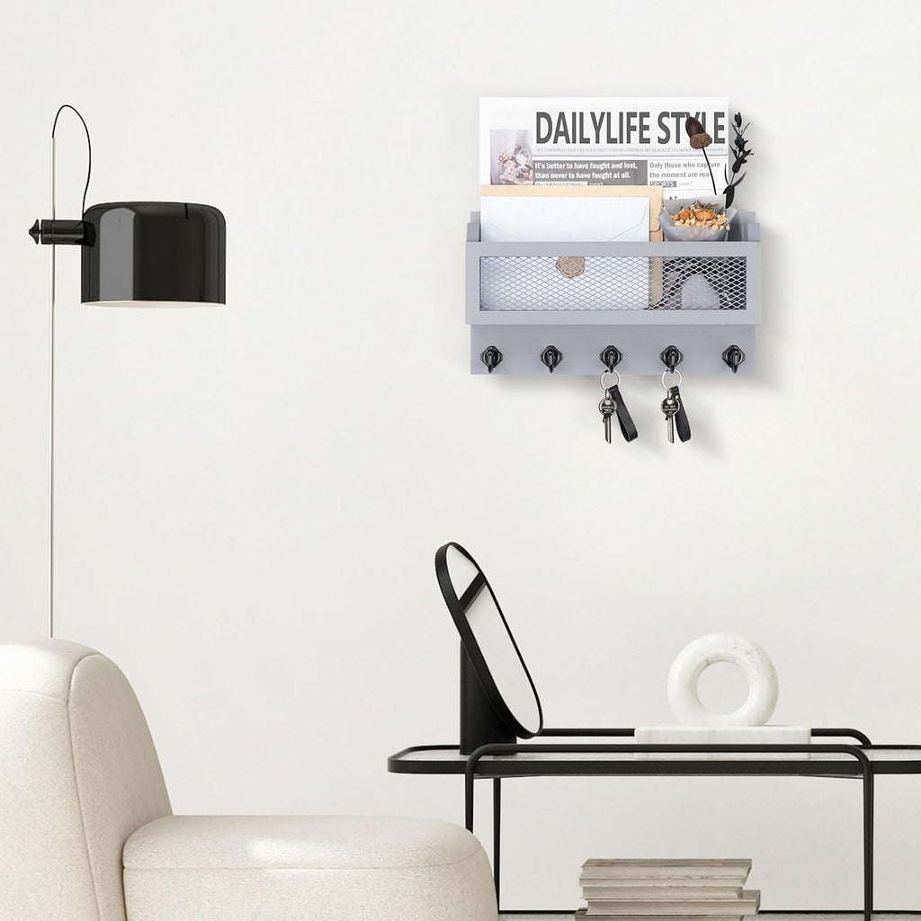 Nekon Mail and Key Holder for Wall Decorative, 11 Inch Mail Holder, Gray
