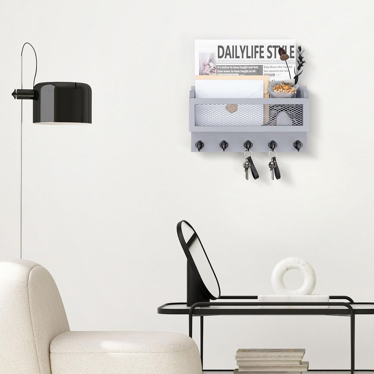 Nekon Mail and Key Holder for Wall Decorative, 11 Inch Mail Holder, Gray