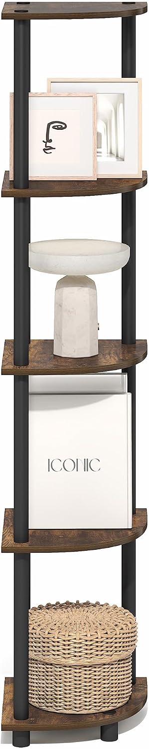 Furinno Turn-N-Tube Corner Shelf, 5-Tier Corner Bookshelf, Open Storage Shelves, for Organization and Storage, Living Room, Home Office, Garage, Bedroom, Amber Oak