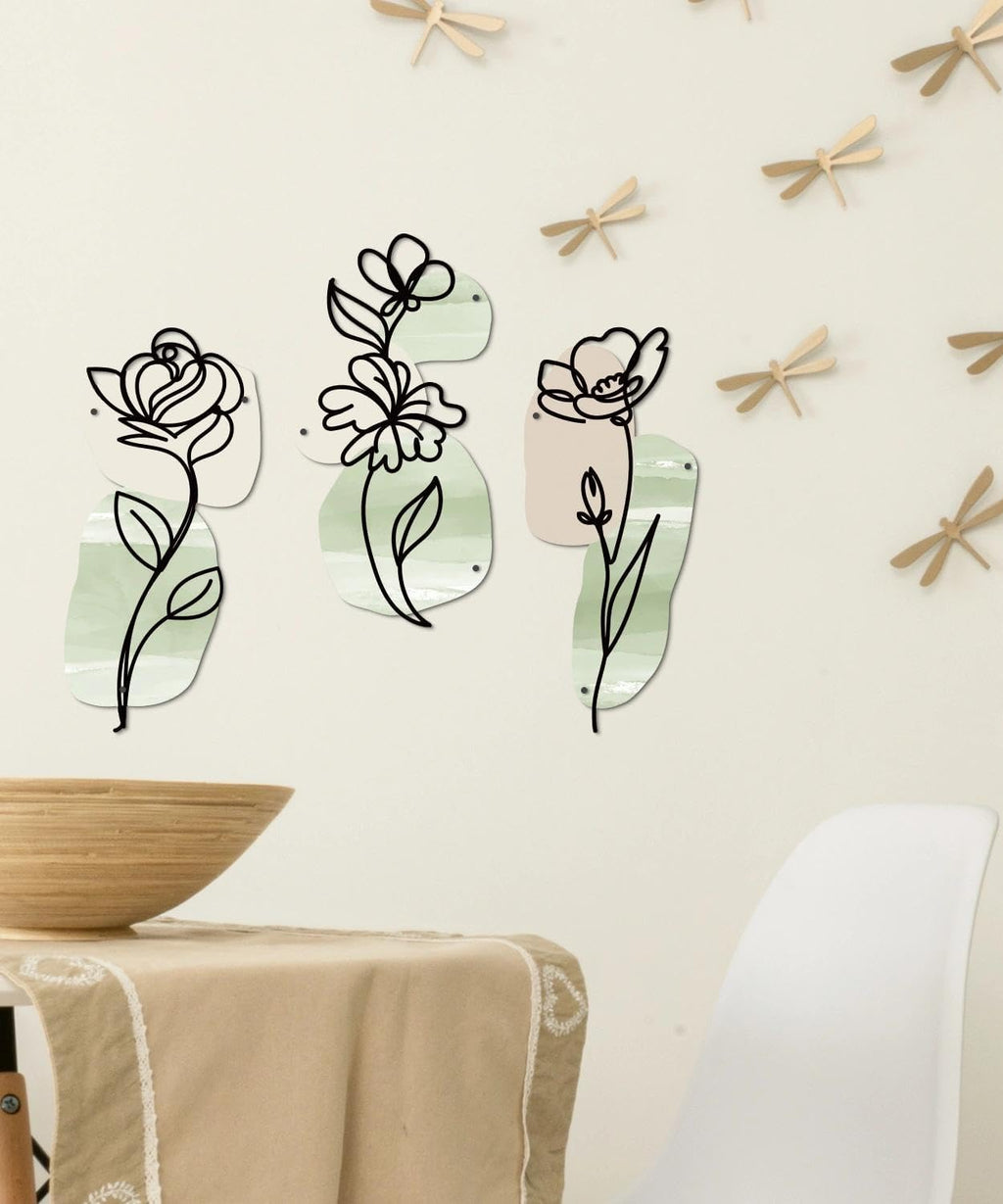 Putuo Decor Metal Flower Wall Decor, 3PCS Minimalist Floral Wall Art, Boho Spring Wall Sculptures for Living Room Bedroom Bathroom Kitchen, Modern Metal Flowers Decorations
