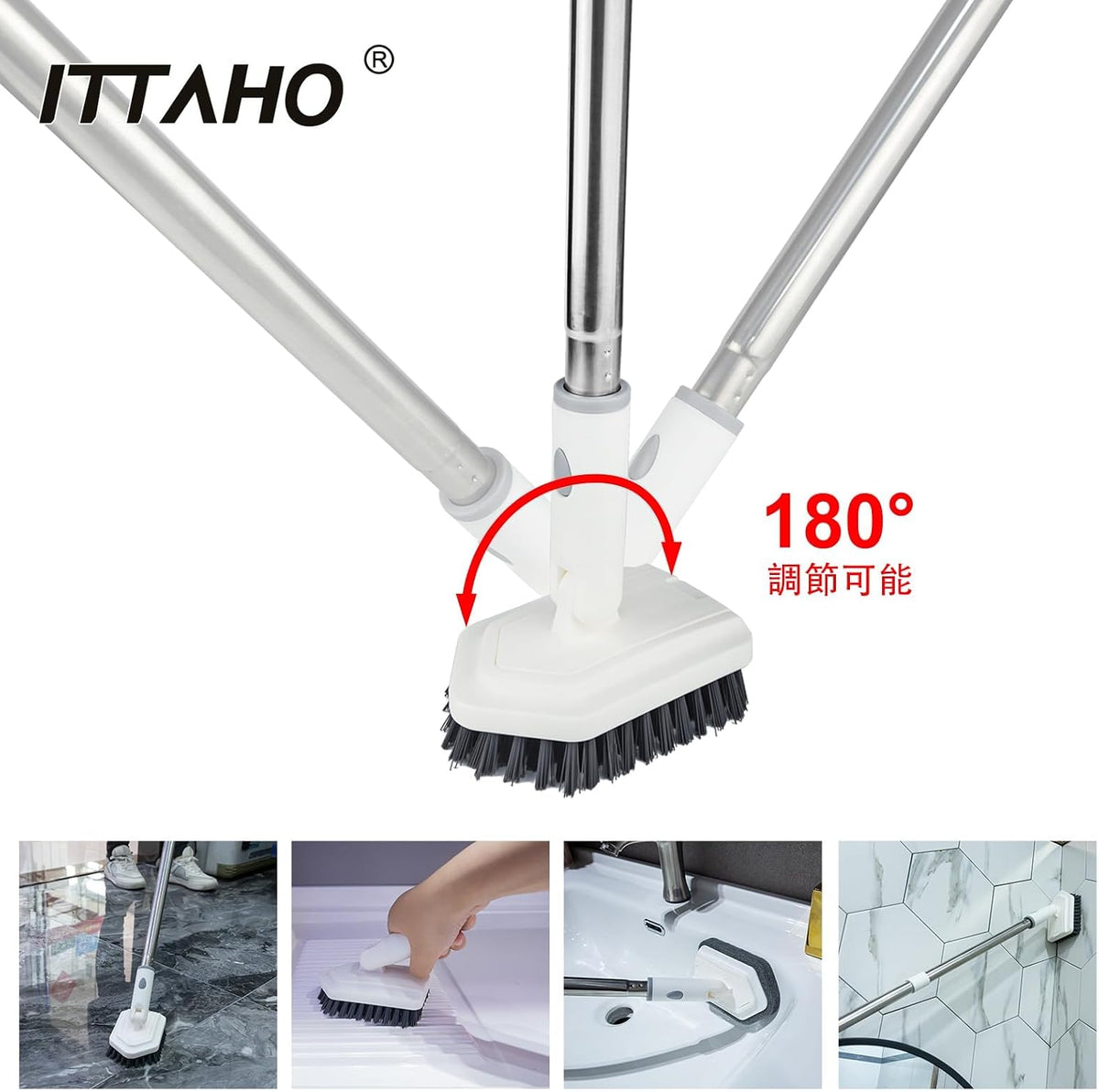 Shower Tile Tub Scrubber Brush with 4 Cleaning Heads,Floor Scrub Brush with 56''Long Handle, Shower Cleaner Brush & Grout Cleaner Brush Set for Shower,Tile, Tub, Bathroom,Kitchen,Walls,Sink