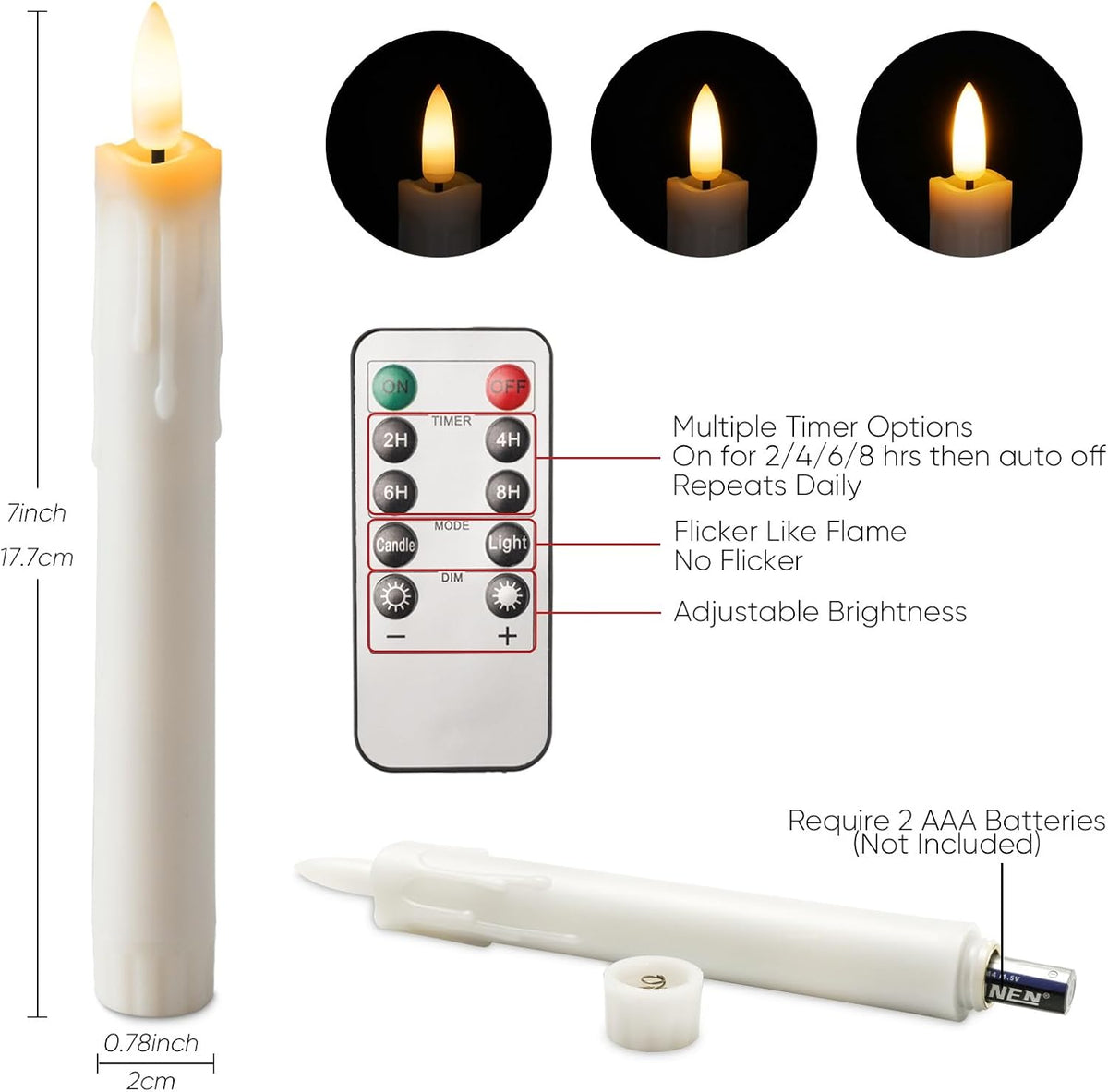 Homemory 7 Inches Flameless Taper Candles with Remote Timer, Short Led Candlesticks with 3D Flickering Light, Battery Operated Candles with Lifelike Flame for Wedding Home Xmas Decor, White, 6 Pcs