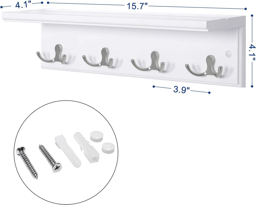 SONGMICS Wall-Mounted Coat Rack with Shelf, 4 Dual Metal Hooks