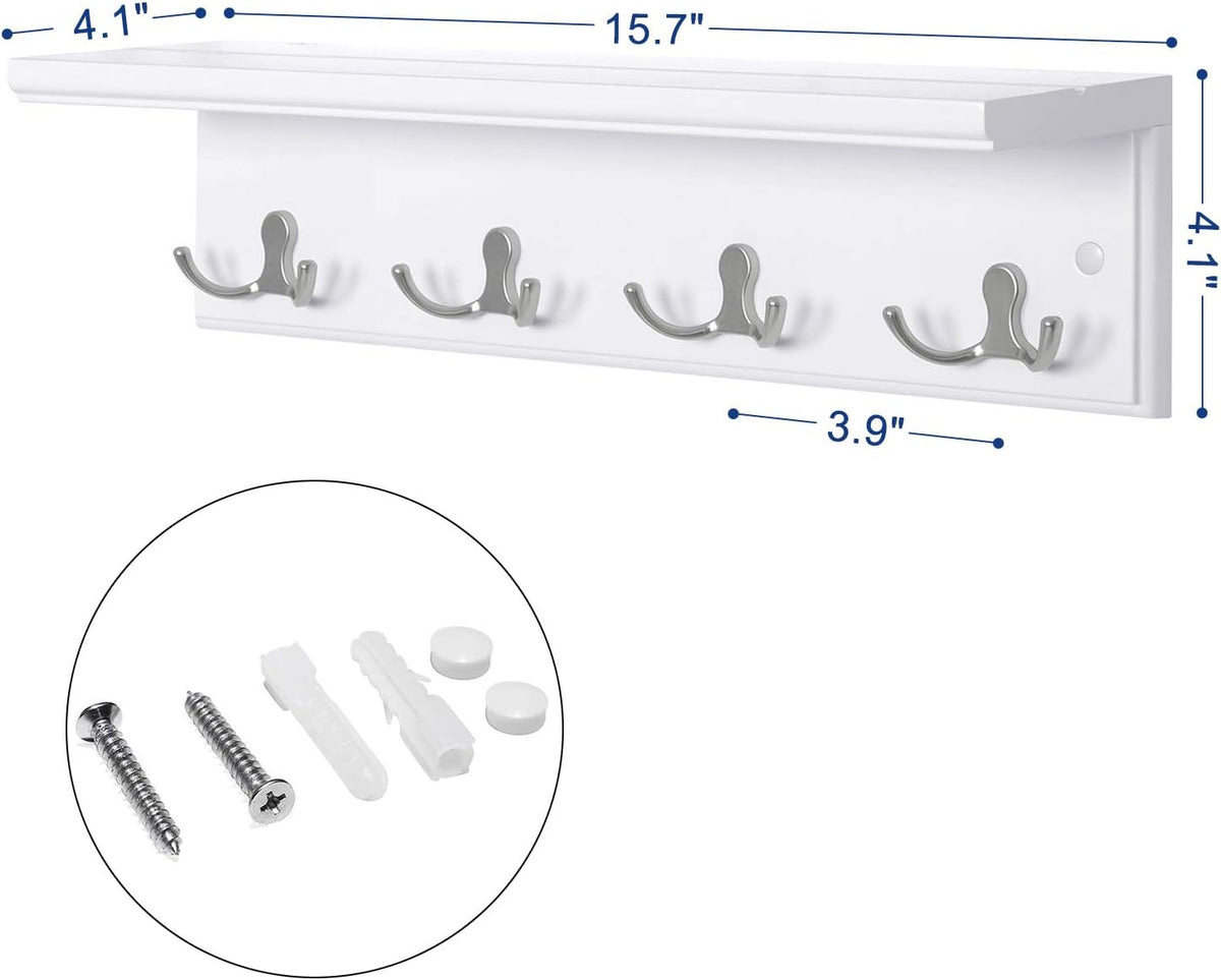 SONGMICS Wall-Mounted Coat Rack with Shelf, 4 Dual Metal Hooks