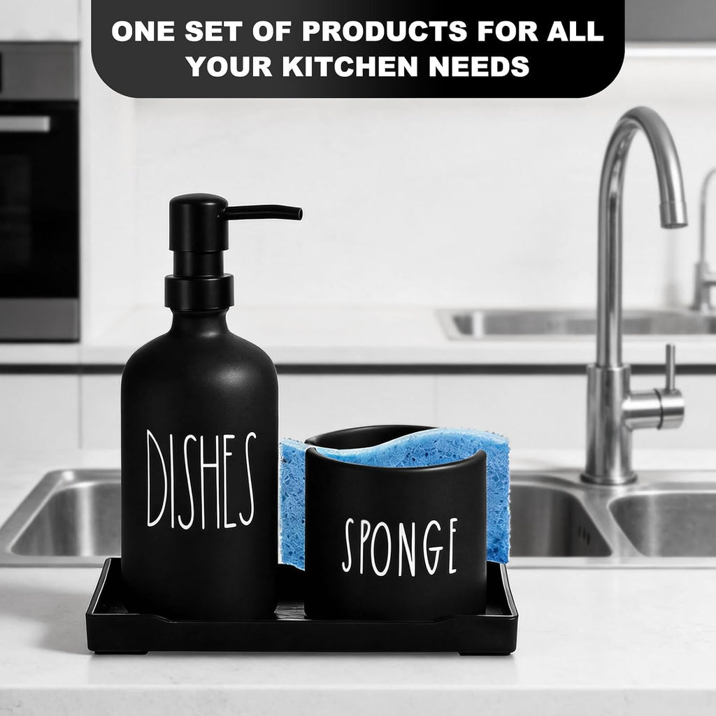 Dish Soap Dispenser for Kitchen with Sponge Holder,16.9 fl oz Kitchen Soap Dispenser Set with Tray,3 in 1 Dish Sponge Holder for Kitchen Sink Organizer Accessories,Black