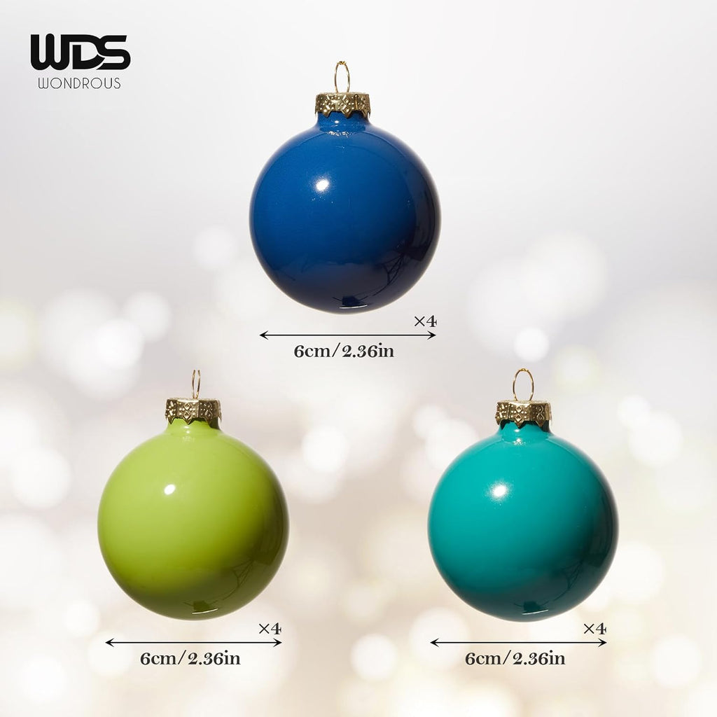 WDS WONDROUS Christmas Ornaments Blue Green Set of 12 Christmas Ball Glass