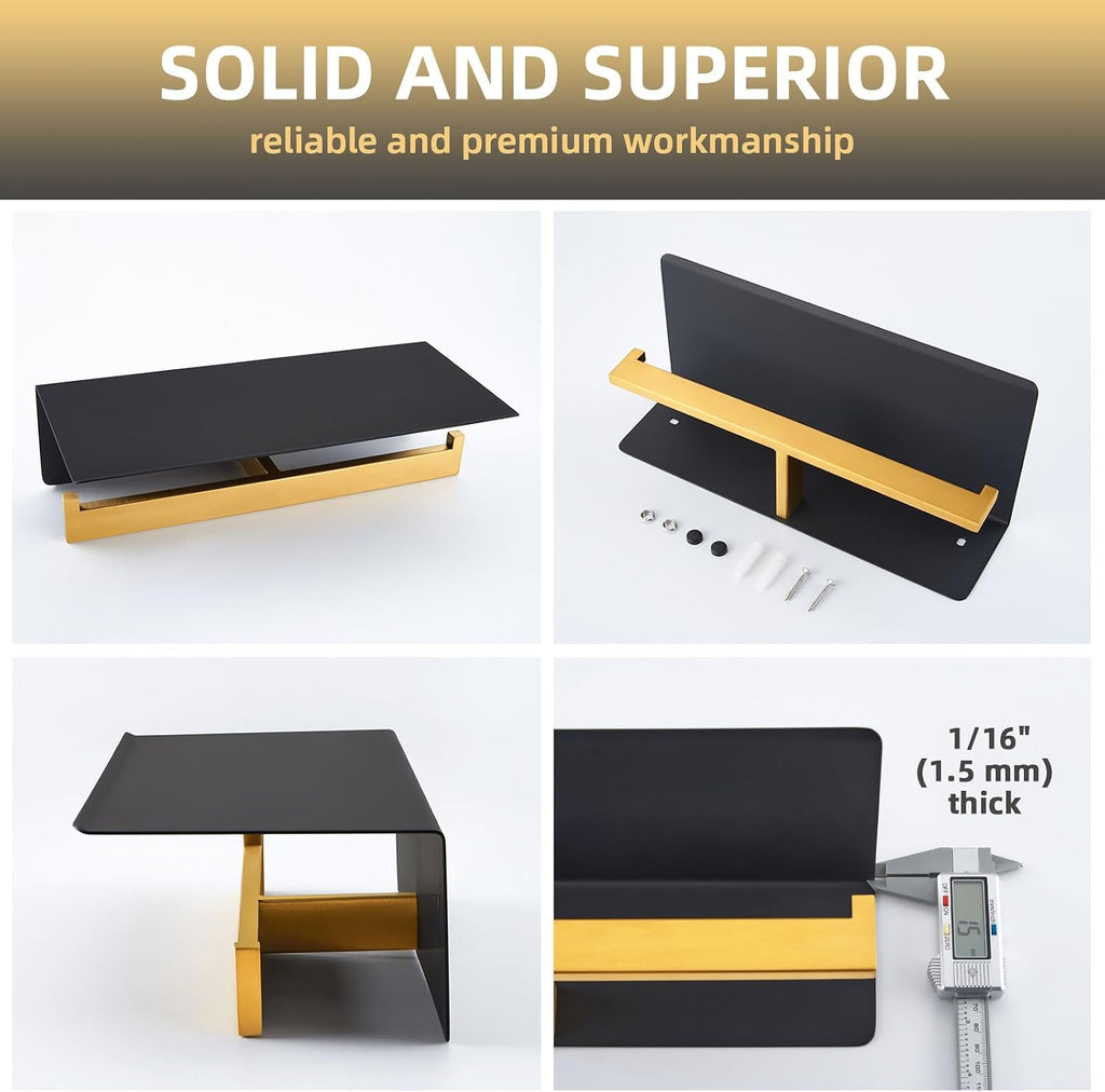 Angle Simple Bathroom Toilet Paper Holder with Phone Shelf, Black and Gold
