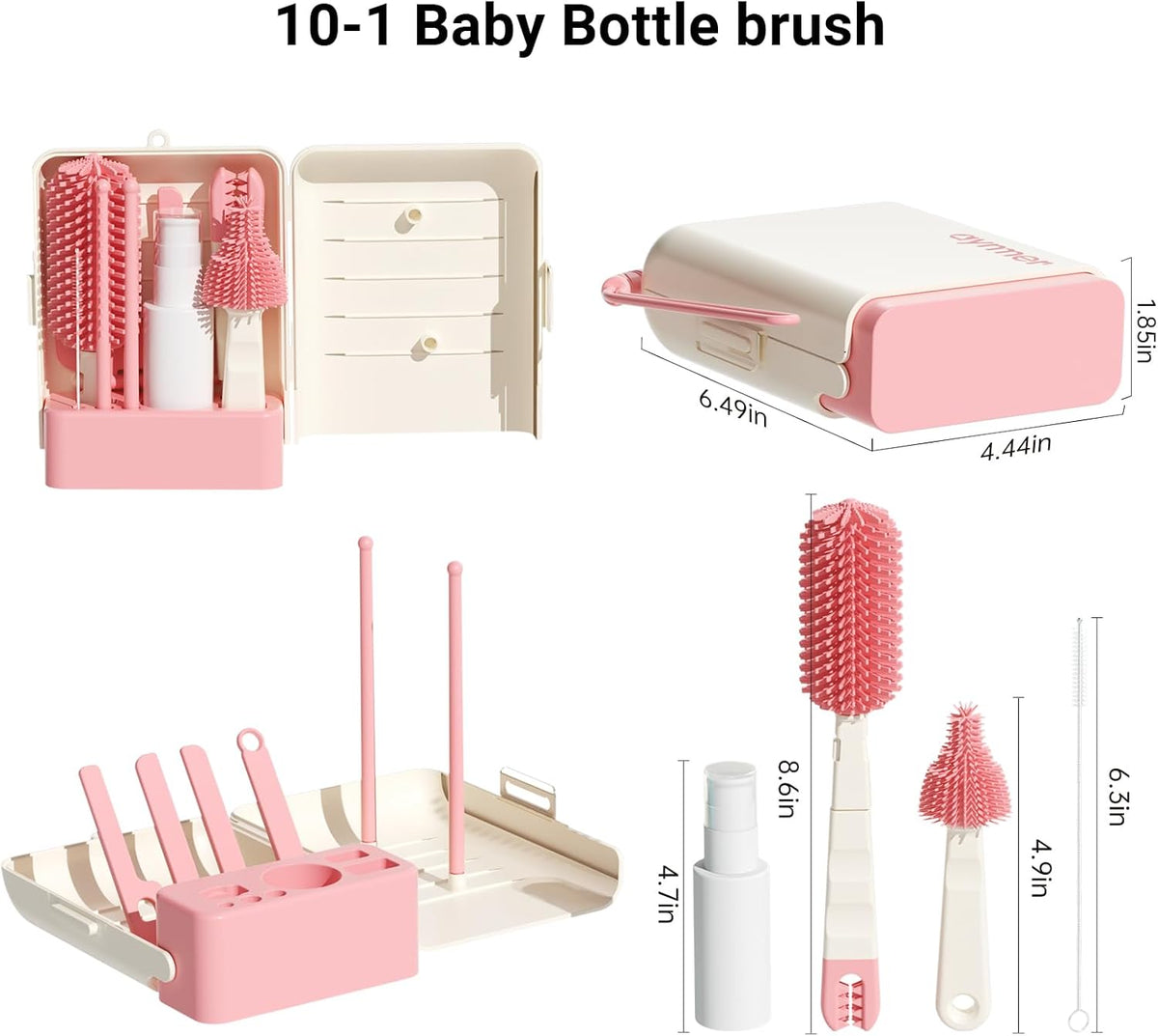 Aynmer Baby Bottle Brush, 10 in 1 Travel Baby Bottle Cleaner Brush Set with Silicone Brush, Nipple Brush, Straw Brush, Soap Dispenser, Portable Drying Rack, Breast Pump & Bottle Cleaning Kit - Pink