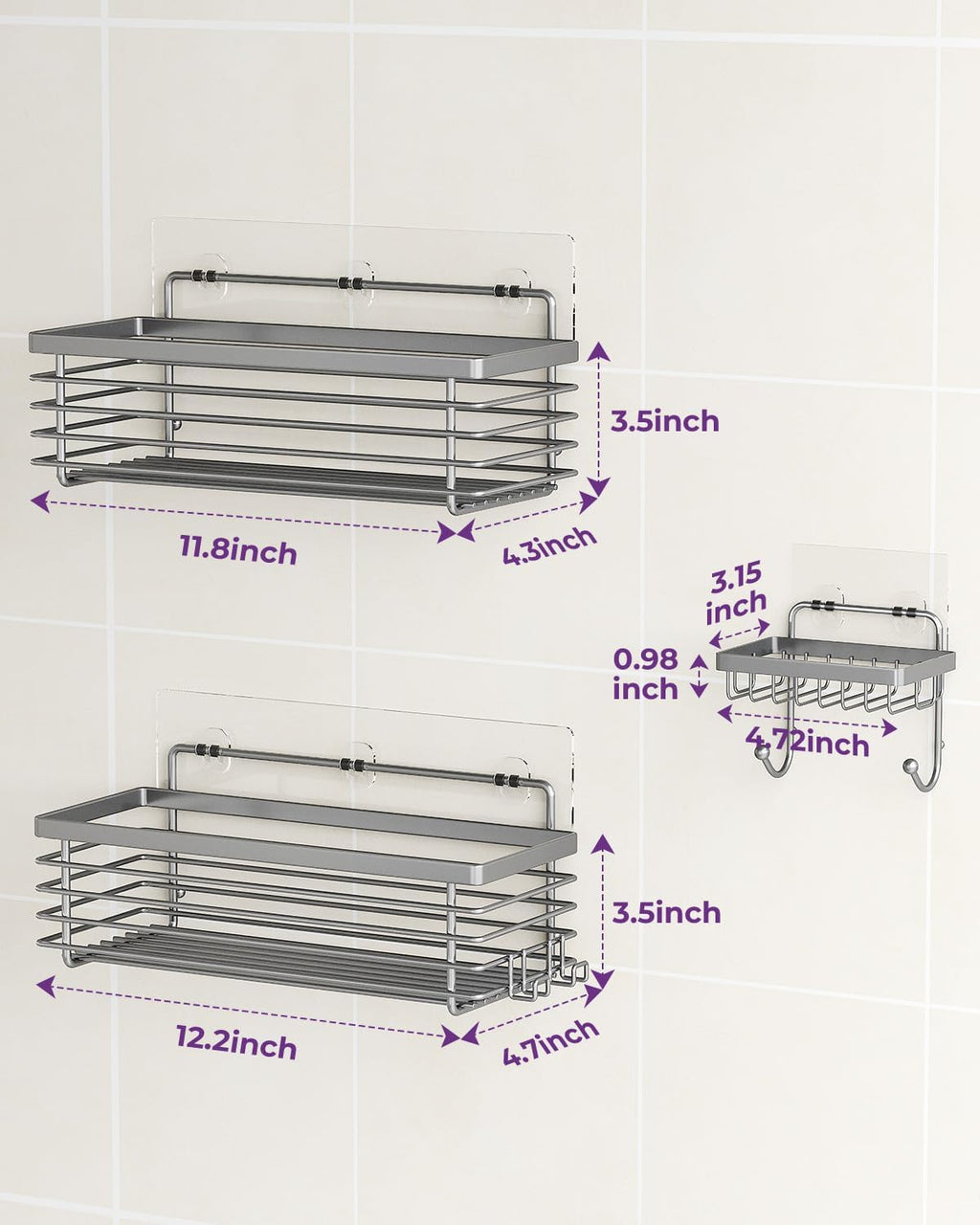 Shower Caddy Adhesive 3 Pack Stainless Steel Storage Organizers-Grey