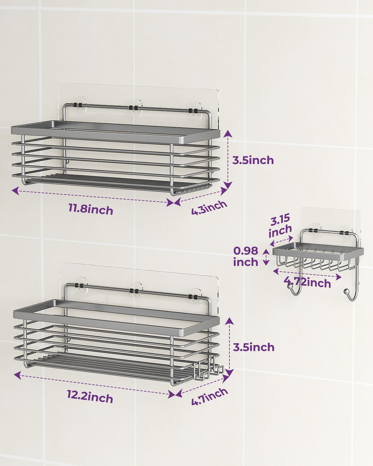 Shower Caddy Adhesive 3 Pack Stainless Steel Storage Organizers-Grey