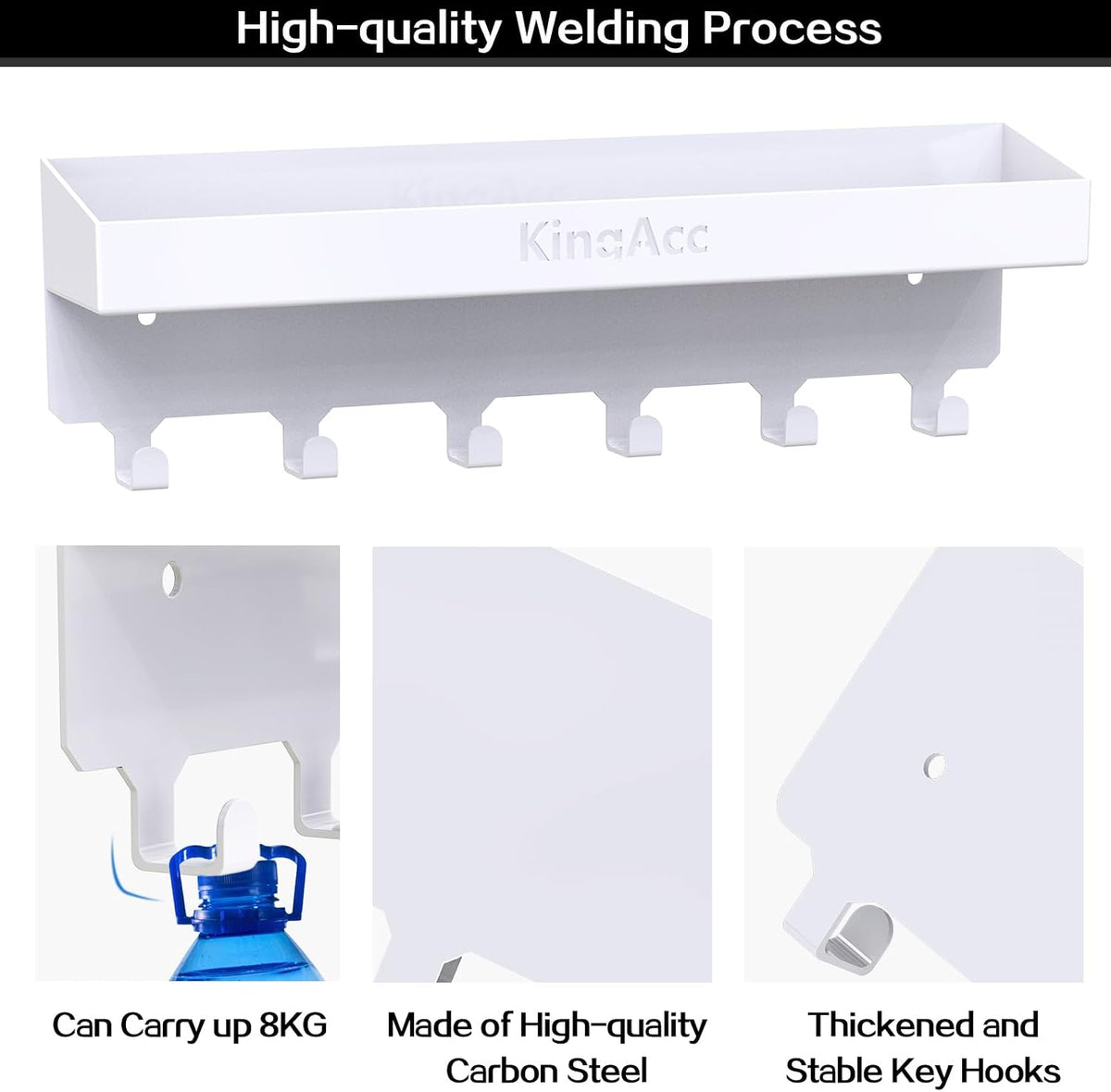 KingAcc Key Holder for Wall Decorative, Wall Mounted Key and Mail Organizer, Adhesive Key Rack with Tray for Entryway Hallway Kitchen Farmhouse, Metal Key Hanger with 6 Key Hooks(White)