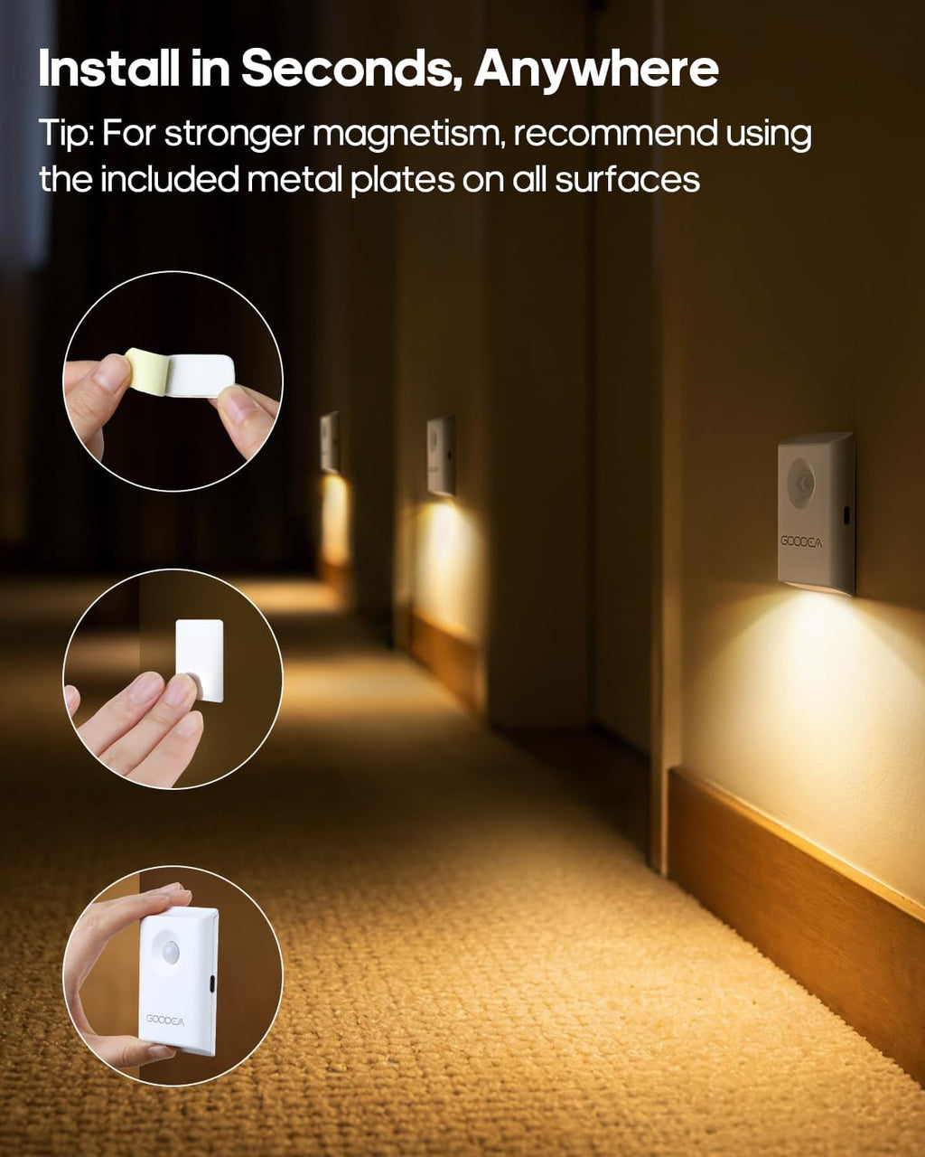 GOODEA 2-Pack Magnetic Motion Sensor Night Light with Rechargeable Battery