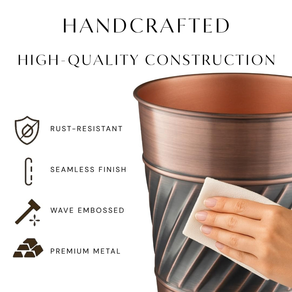 Monarch Abode Metal Bathroom Trash Can – Waste Basket for Bedroom, Office Desk, & Dorm, Handcrafted Wave Embossed, Durable Decorative Antique Copper Small Trash Can Bathroom Garbage Bin Wastebasket