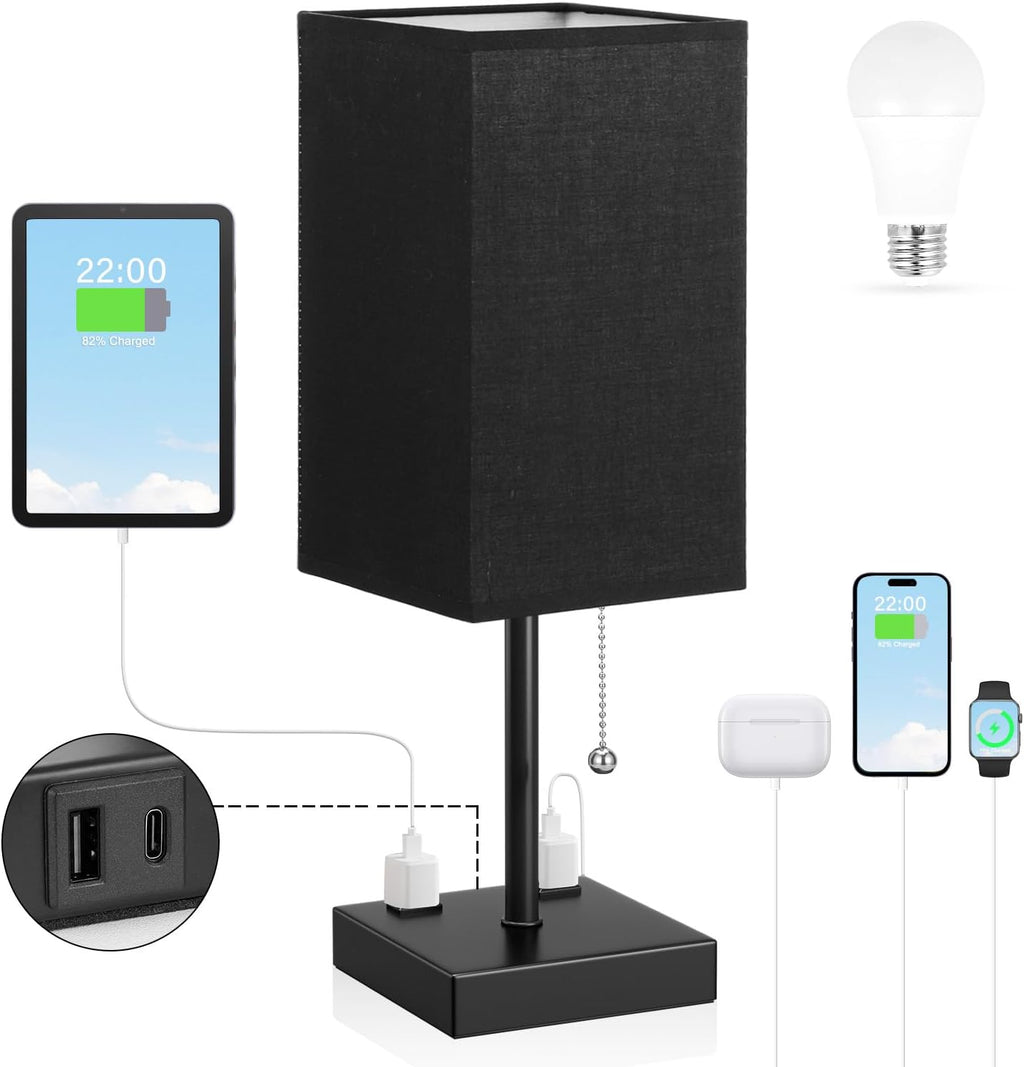 Black Lamp for Bedroom - 3 Color Temperatures, USB A+C, 2 AC Outlets