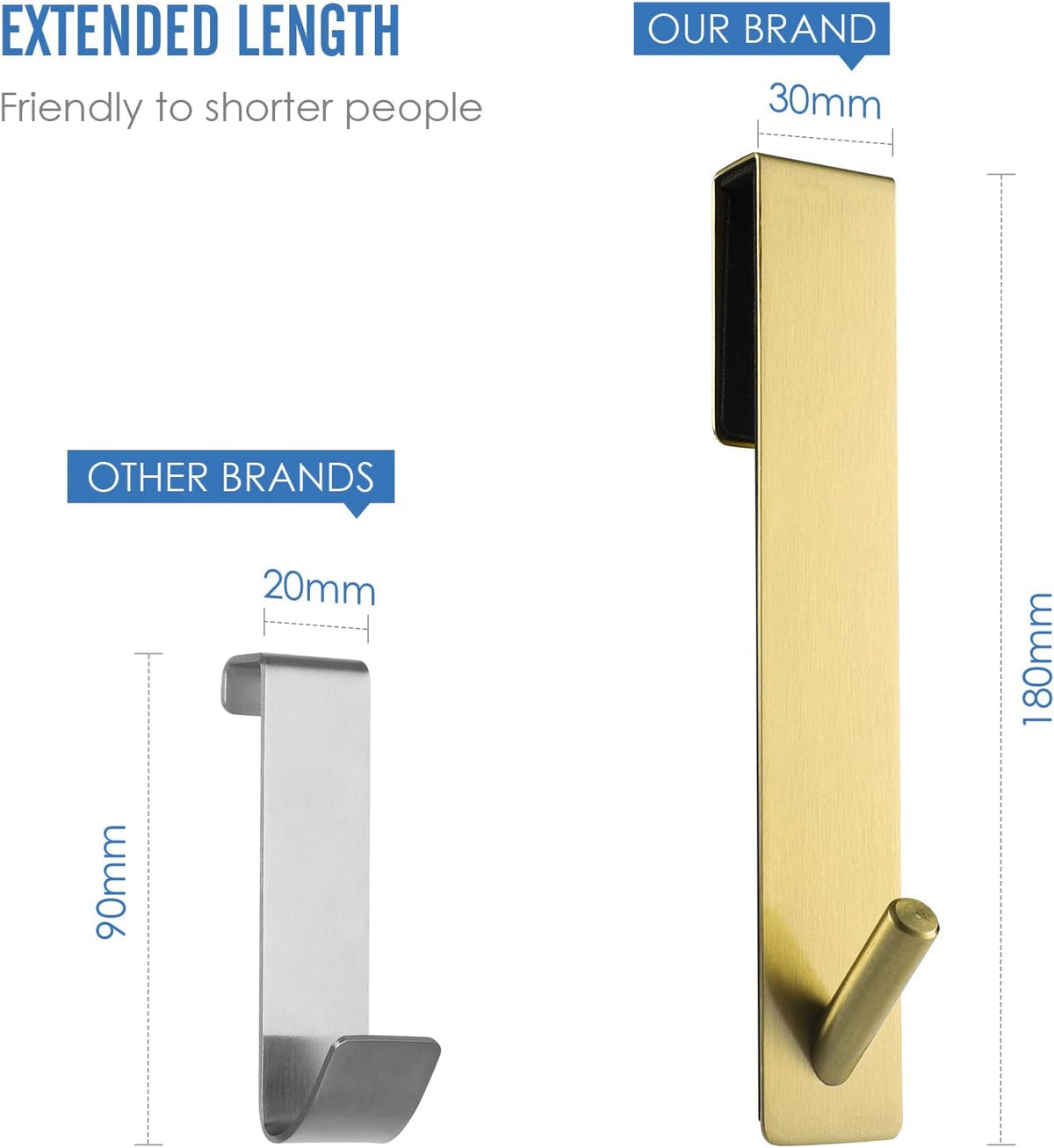 Simtive Extended Shower Door Hooks (7-Inch), Towel Hooks for Bathroom Frameless Glass Shower Door, 2-Pack, Gold