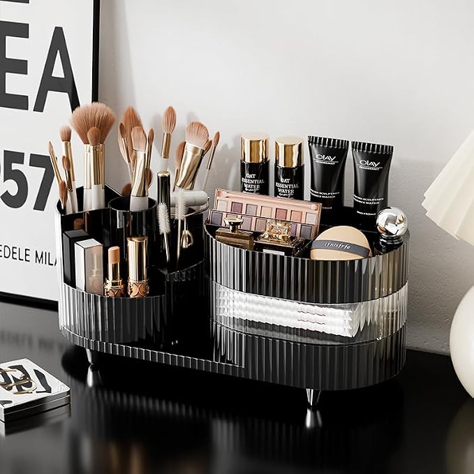 Rotating Vanity Organizer with Brush Holder and Drawer, 3 Layer Cosmetic Skincare Storage, Large Countertop Makeup Perfume & Lotions Display Case (Black)