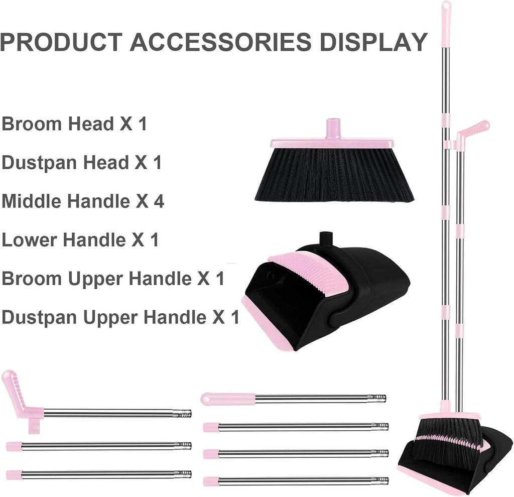 Pink Broom and Dustpan Combo Set, 51" Long Handle Broom