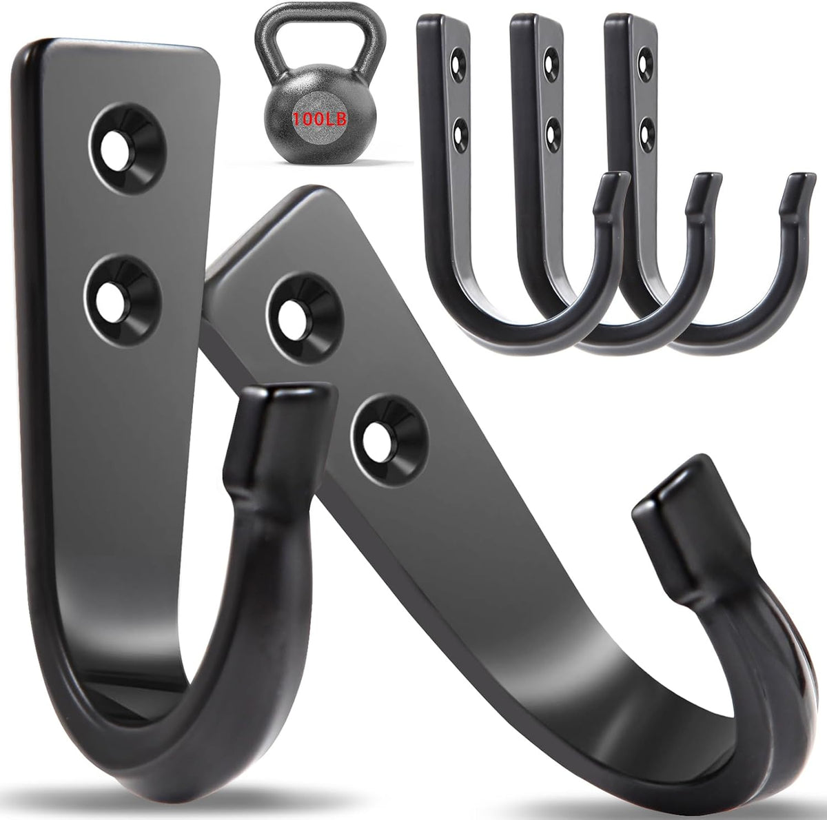 5 Large Size Heavy Duty Wall Hooks, Coat Hooks for Hanging Pans, Backpacks, Coats, Garage Items (Black)