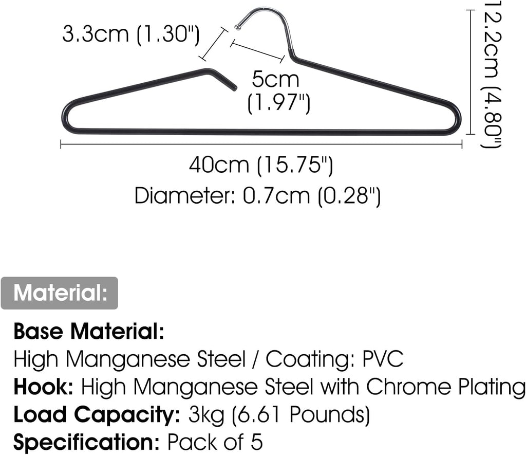 Non-Slip Metal Clothes Hangers - 5 Pack, Space-Saving Short Neck Hangers for T-Shirts, Dresses, Tank Tops, Jackets (Black)