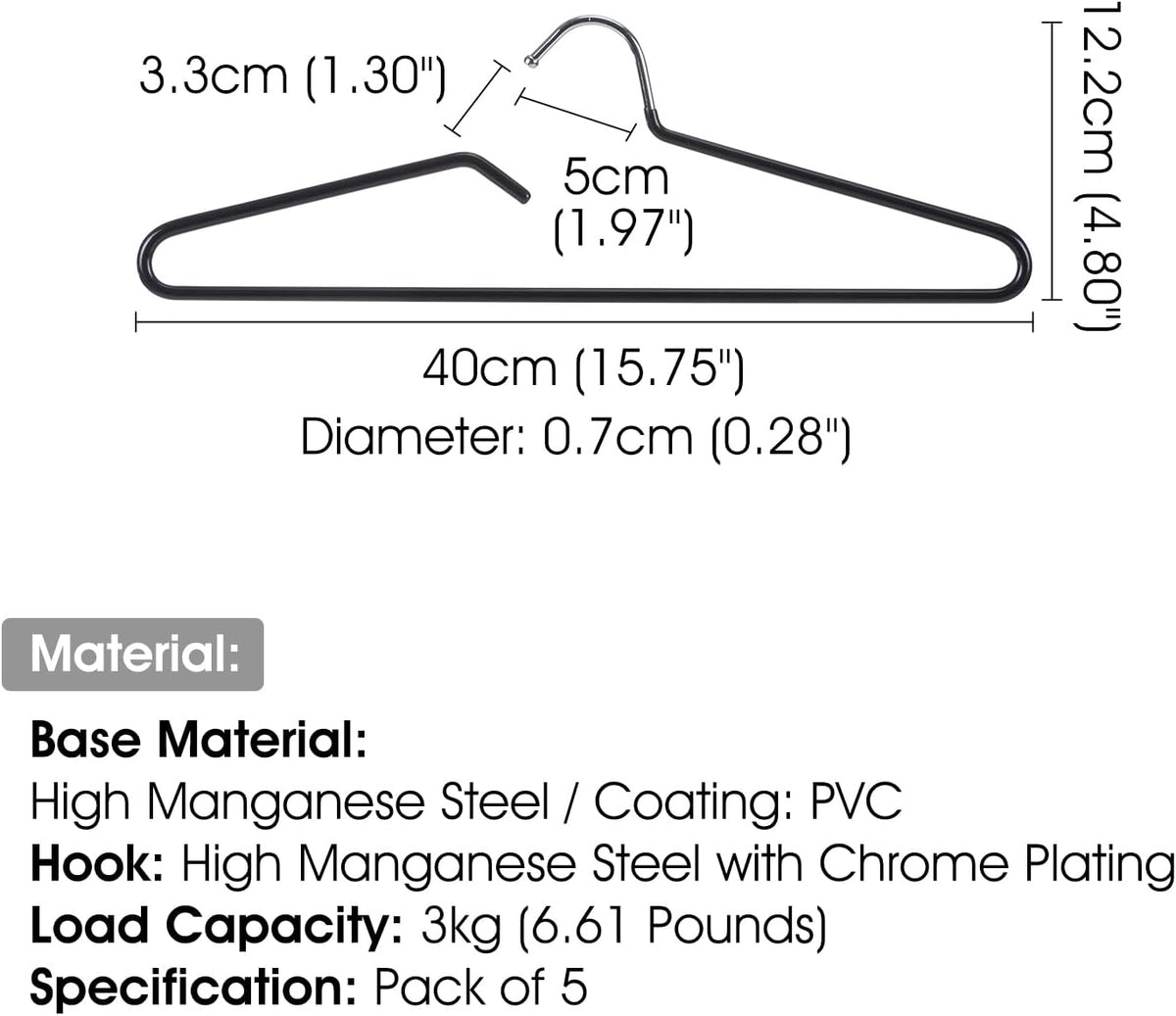 Non-Slip Metal Clothes Hangers - 5 Pack, Space-Saving Short Neck Hangers for T-Shirts, Dresses, Tank Tops, Jackets (Black)