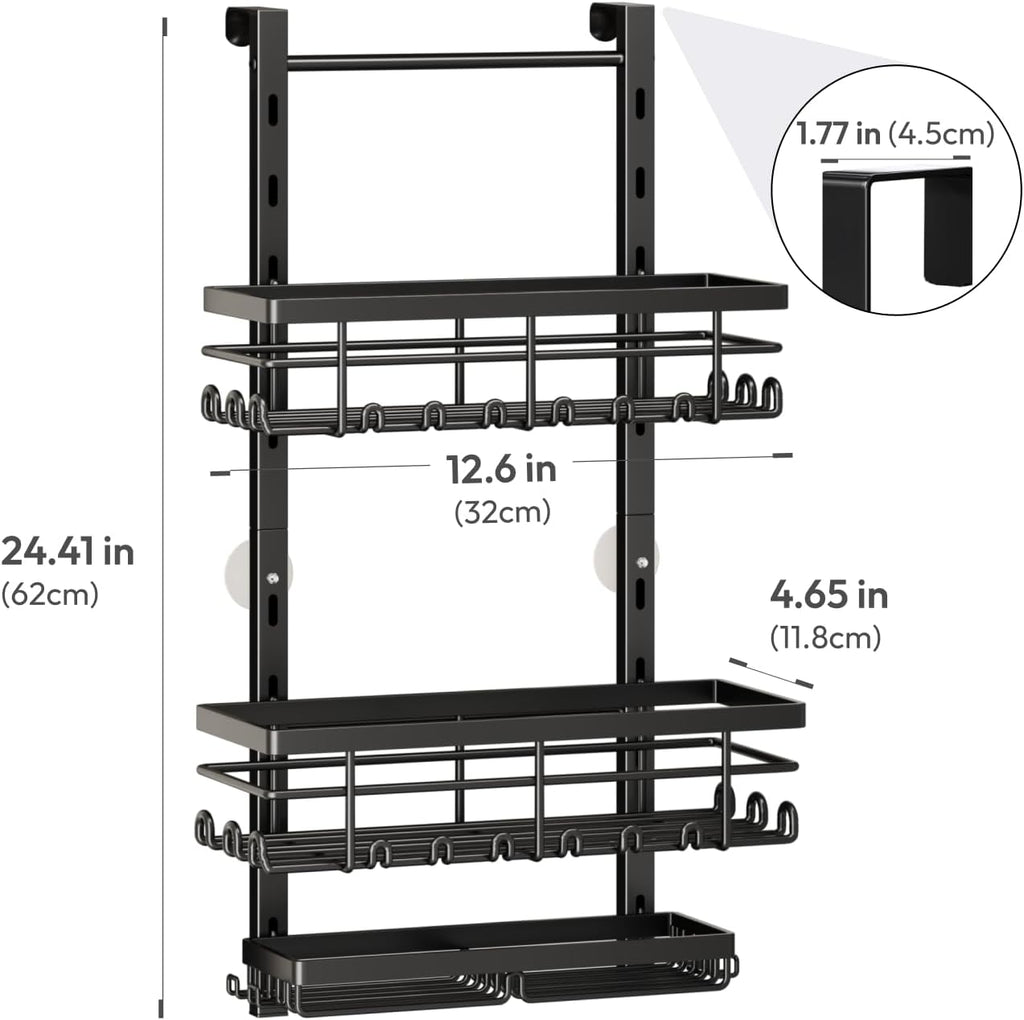 SWTYMIKI Over The Door Shower Caddy - 3 Tier Rustproof Hanging Shower Organizer with Adjustable Shelves, 28 Hooks & Soap Holder, Hanging Shower Rack Storage for Bathroom Accessories, Black