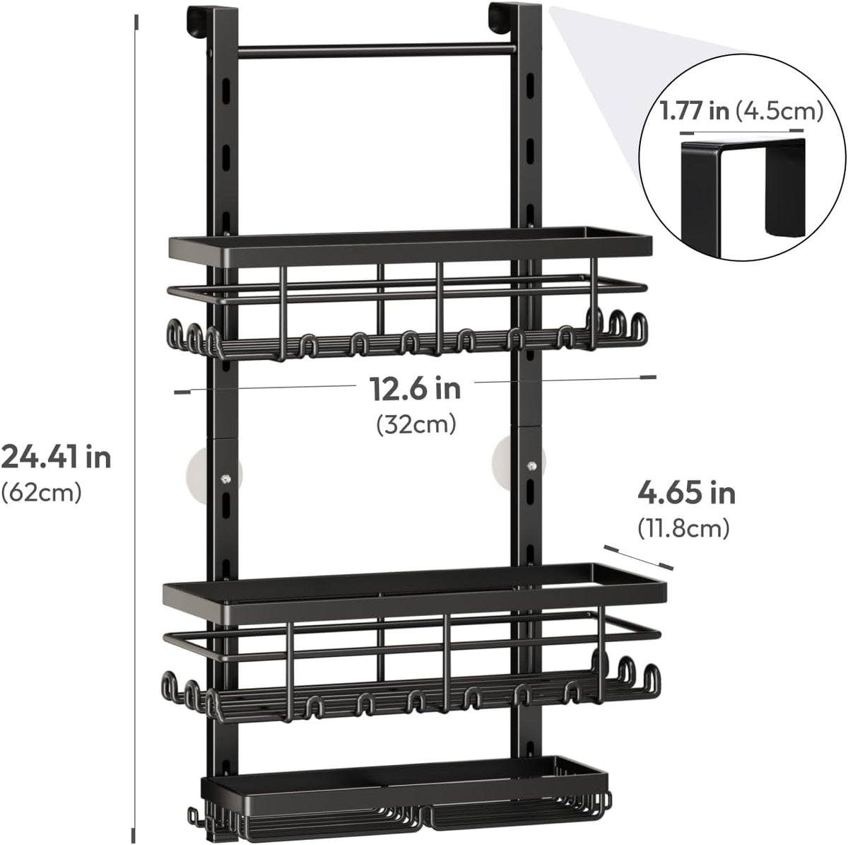 SWTYMIKI Over The Door Shower Caddy - 3 Tier Rustproof Hanging Shower Organizer with Adjustable Shelves, 28 Hooks & Soap Holder, Hanging Shower Rack Storage for Bathroom Accessories, Black