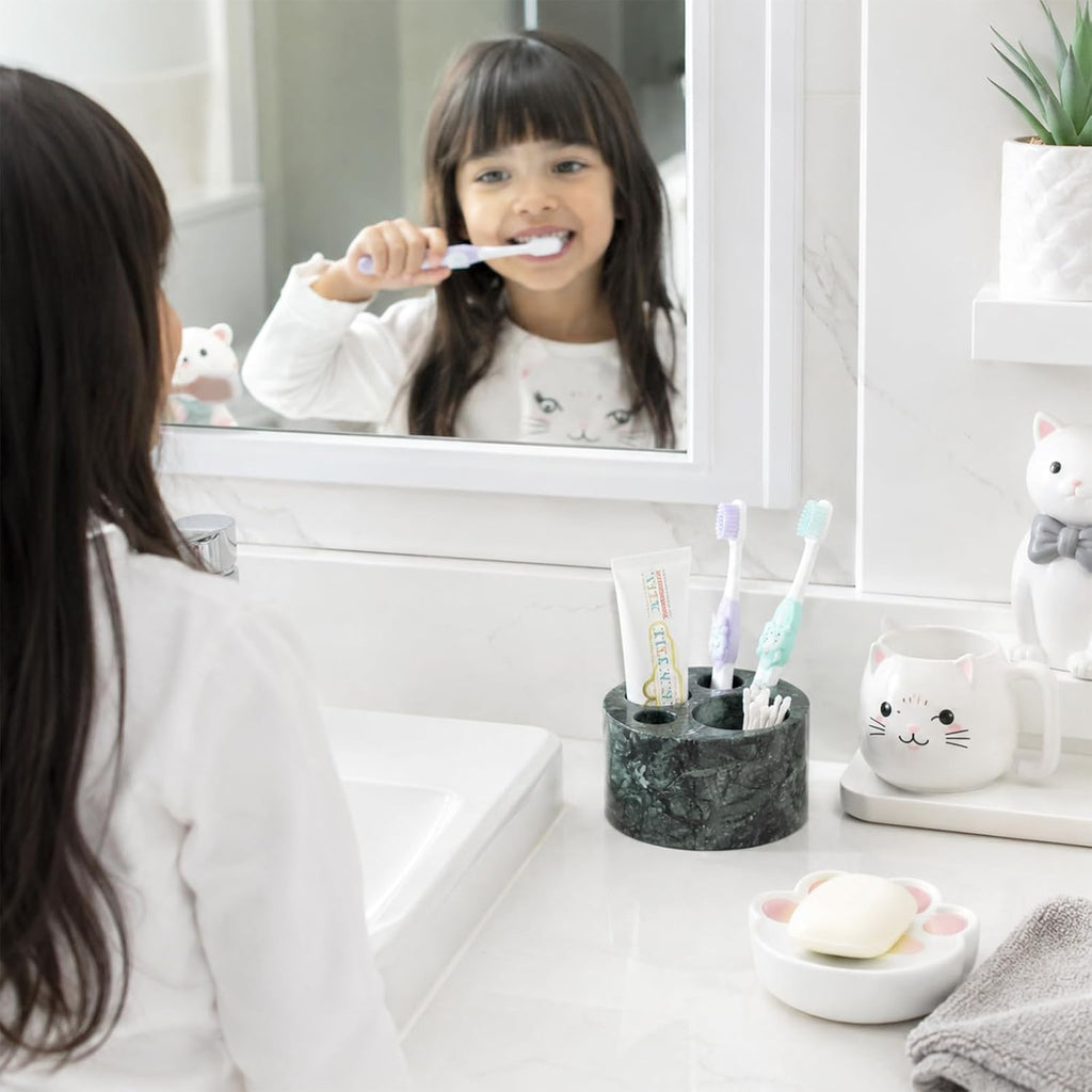 BCS Toothbrush Holder for Bathrooms, Cute 4 Slots Open-Bottom Marble Toothbrush and Toothpaste Holder Stand Bathroom Organizer Countertop for Electric Toothbrush, Floss, Razor, Comb - Indian Green