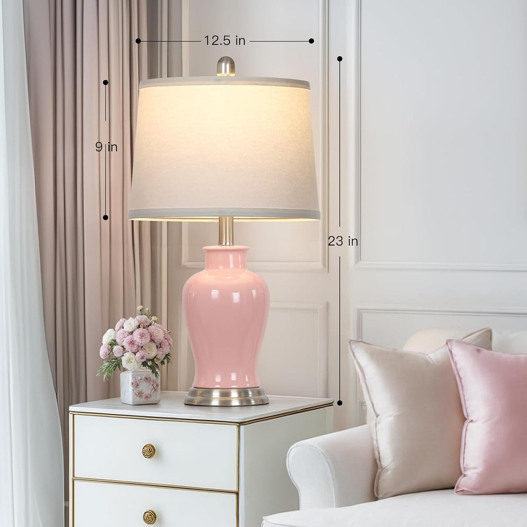 23" Ceramic Table Lamps Set of 2, Modern Ceramic Lamps for Living Room, Cute Bedside Lamps with Ginger Jar Design, Elegant Bedroom Lamps for Nightstand Dining Room Desk Side End Table Home Decor, Pink