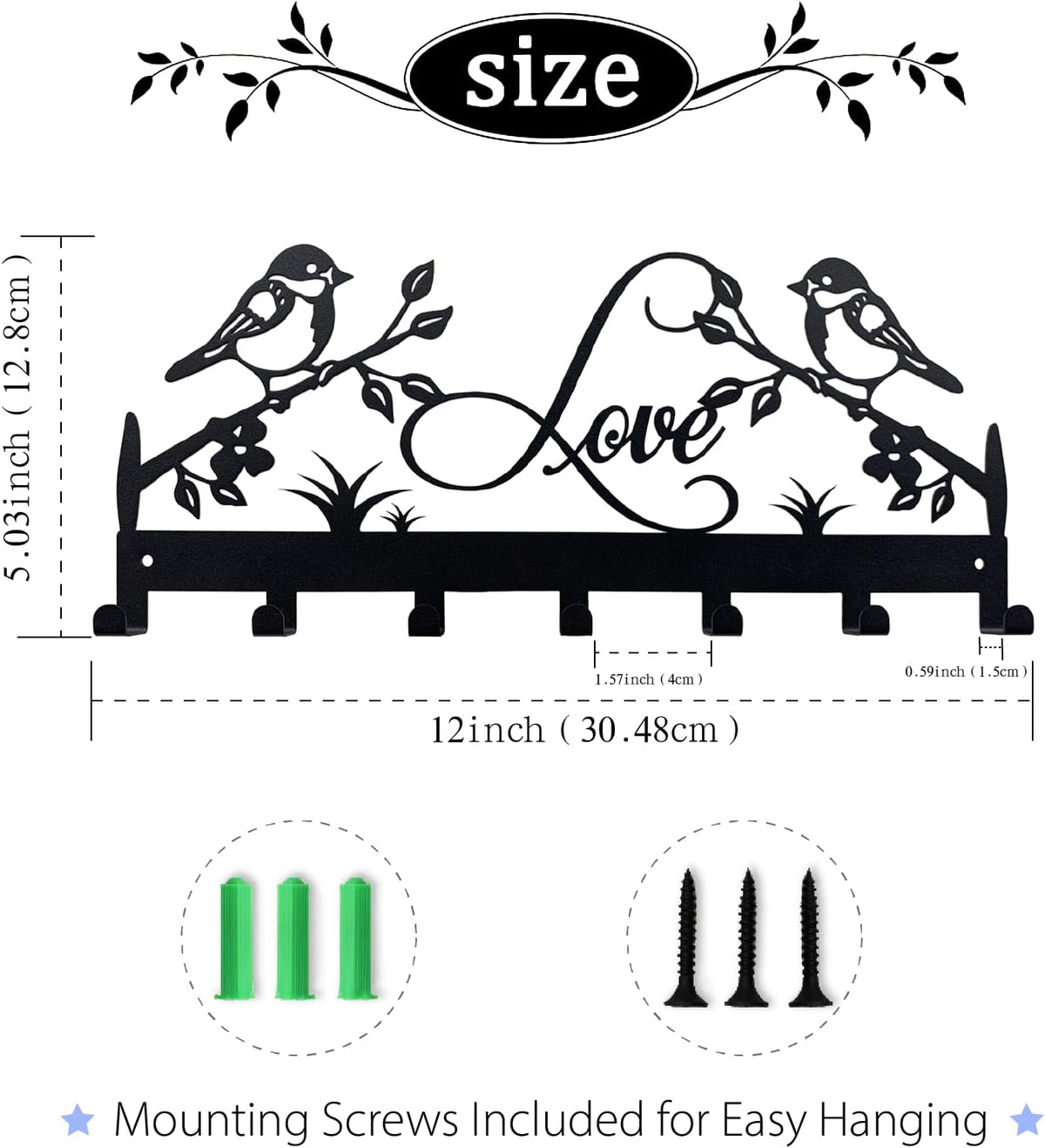 Metal Key Holder, Wall Mounted Key Hooks, Key Holder for Wall, Key Organizer Rack with 7 Hooks, Key Hanger Decor for Kitchen, Entryway, Hallway, Bedroom, Doorway (Birds 12IN)
