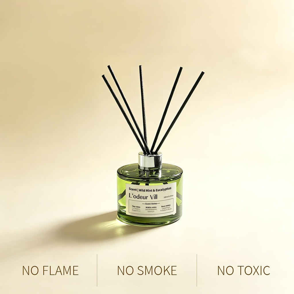 L'odeur Vill Reed Diffuser Set, 6.7 fl oz(200ml) Scent Diffuser with 6 Reed Sticks, Wild Mint & Eucalyptus Oil Diffuser Home Fragrance Bathroom & Office Shelf Decor