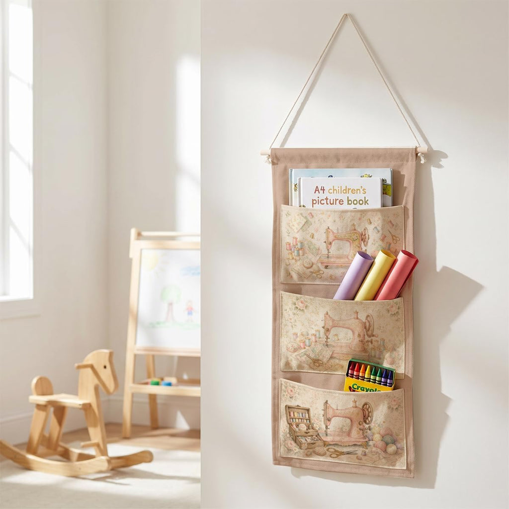 IAXIC Retro Sewing Machine Canvas Wall Hanging Organizer with Pockets