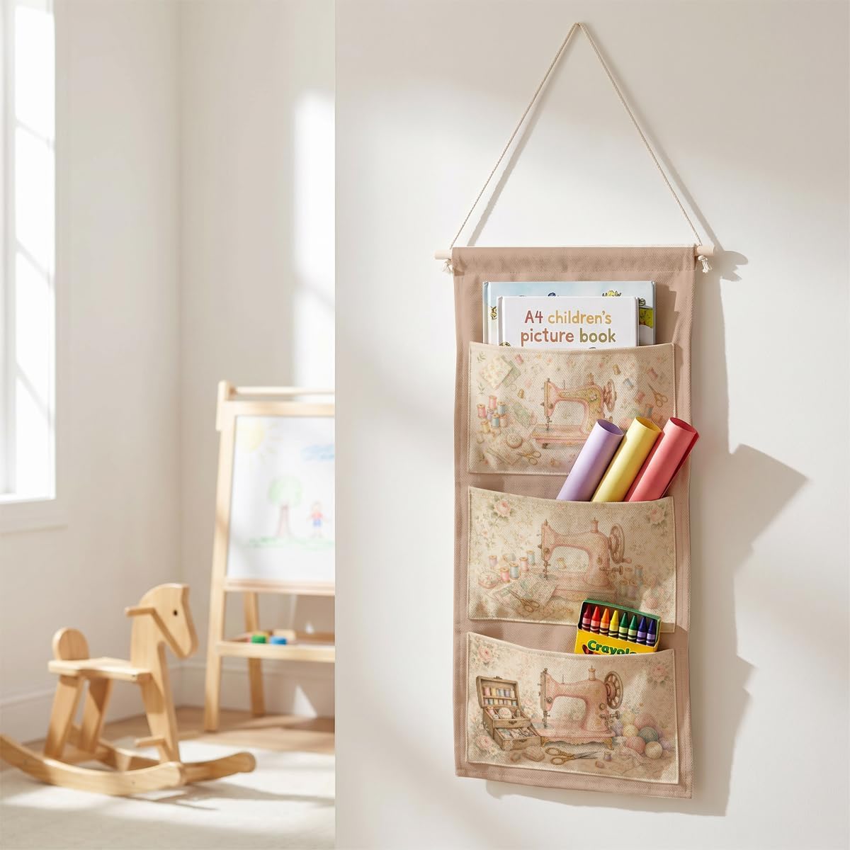 IAXIC Retro Sewing Machine Canvas Wall Hanging Organizer with Pockets