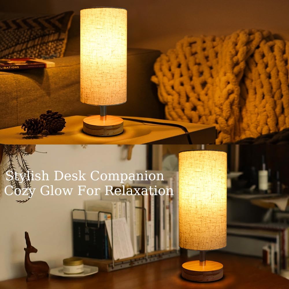 Bedside Table Lamps, Table Lamp for Bedroom, Lamps for Night Stands with Linen Lampshades, Small Table Lamp for Living Room, Office (Bulb Excluded) (Wood)