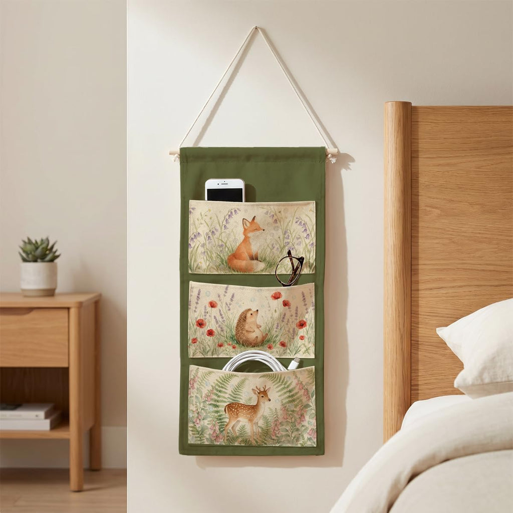 IAXIC Watercolor Forest Animal Canvas Wall Hanging Organizer with Pockets