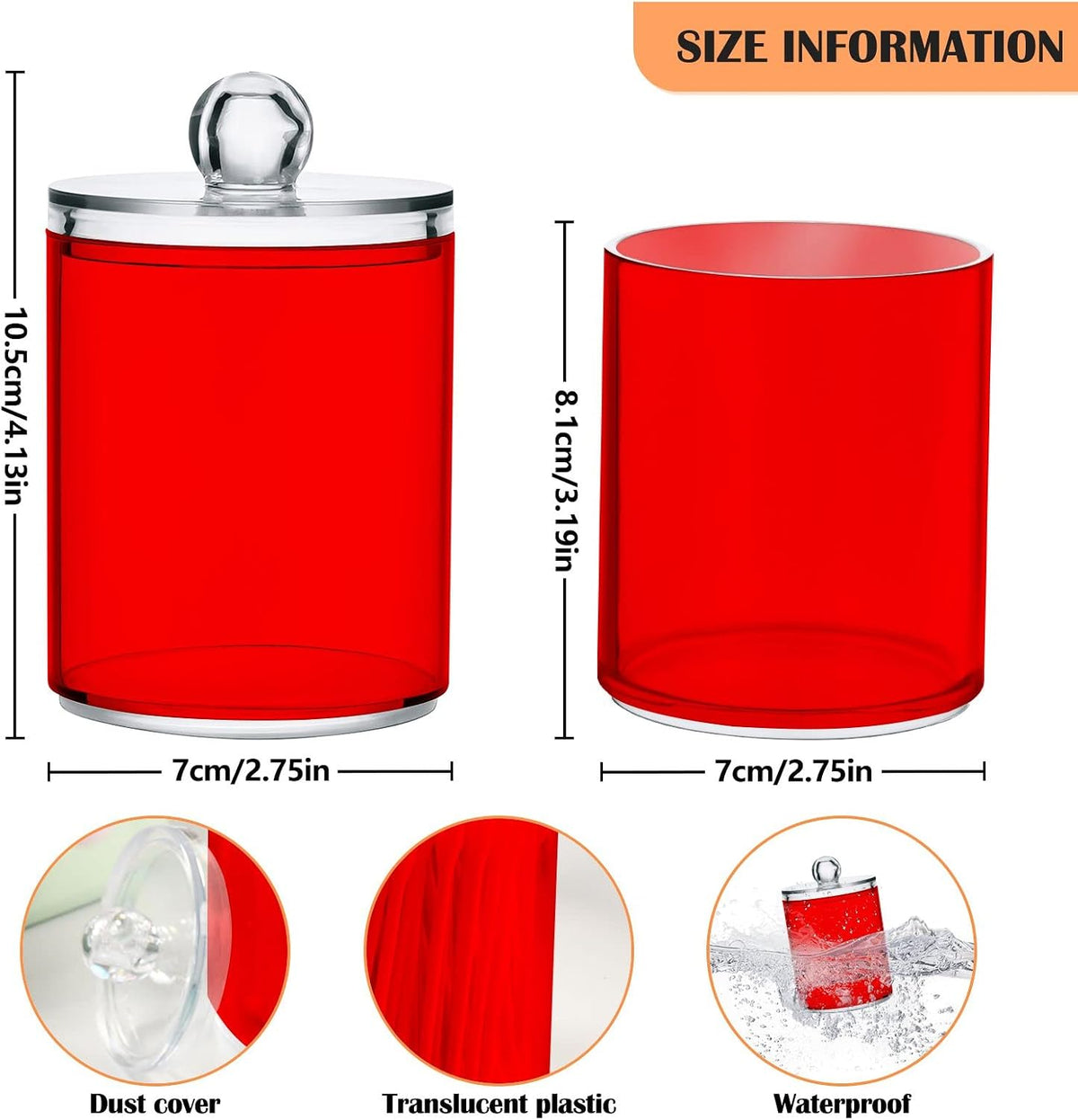 SHJI Red Qtip Holder Organizer Dispenser Cotton Swabs Cans Plastic Jars with Lid Set 2 Pack Bathroom Storage Canister for Cotton Ball Floss Cotton Pads