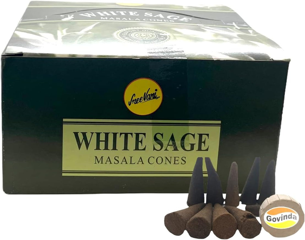 Sreevani Natural Masala Incense Cones and Holder Bundle, 120 Cones Total, White Sage