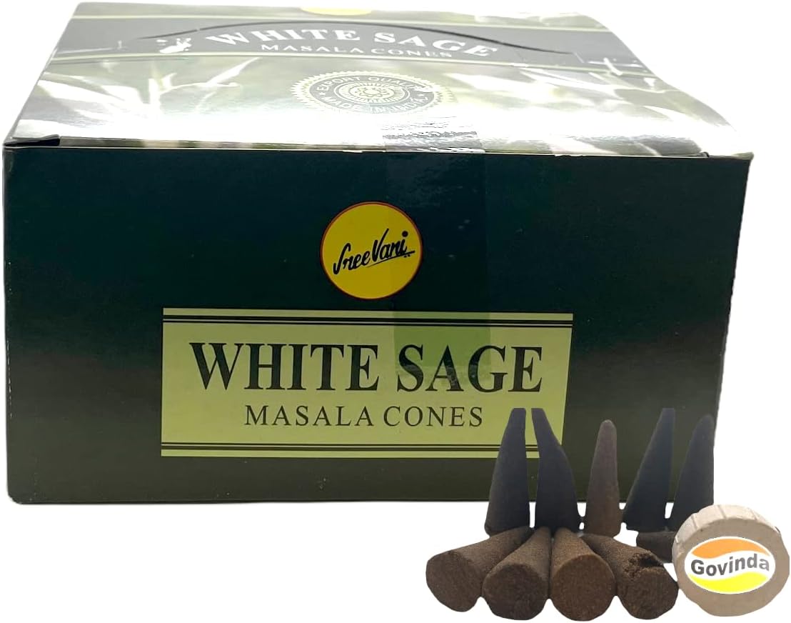 Sreevani Natural Masala Incense Cones and Holder Bundle, 120 Cones Total, White Sage