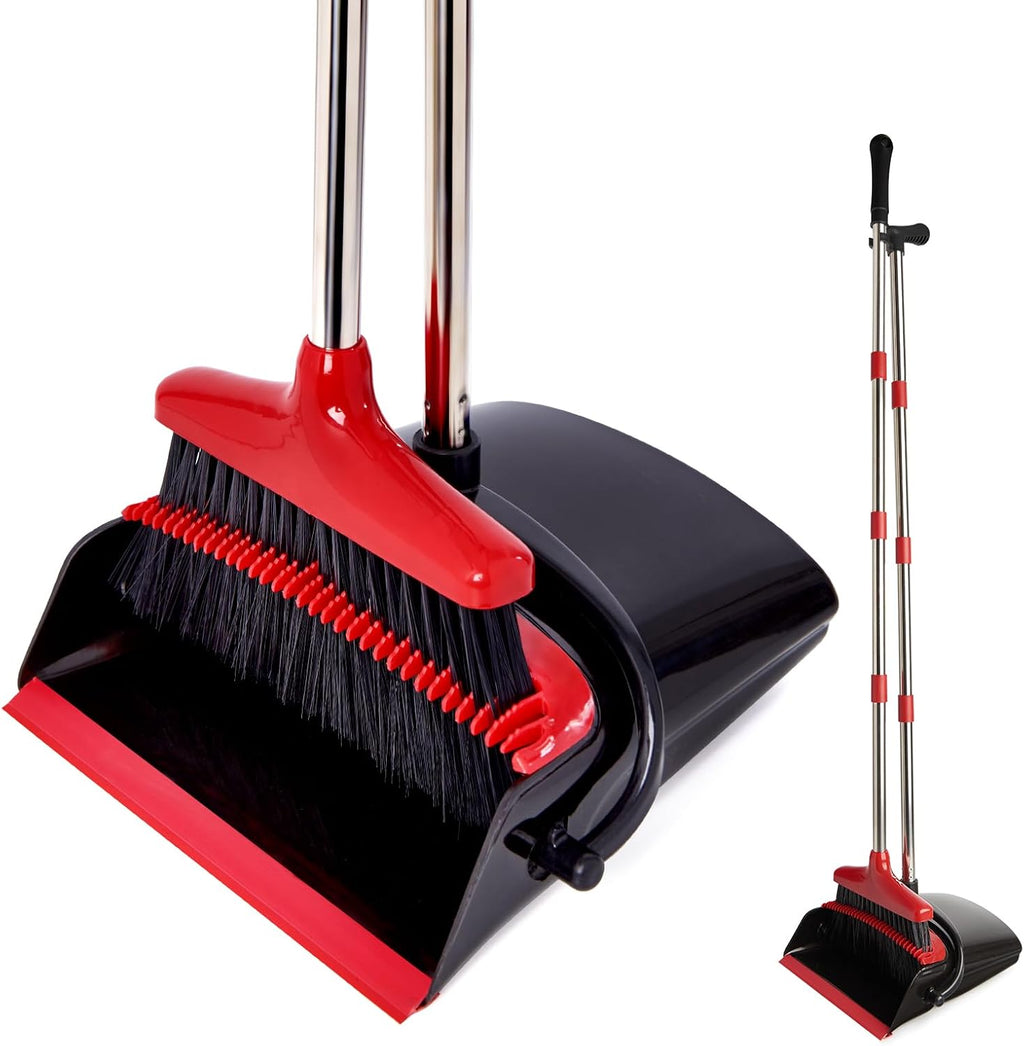 Broom and Dustpan Set,54.72"Long Handle,Standing Dustpan,Black&Red