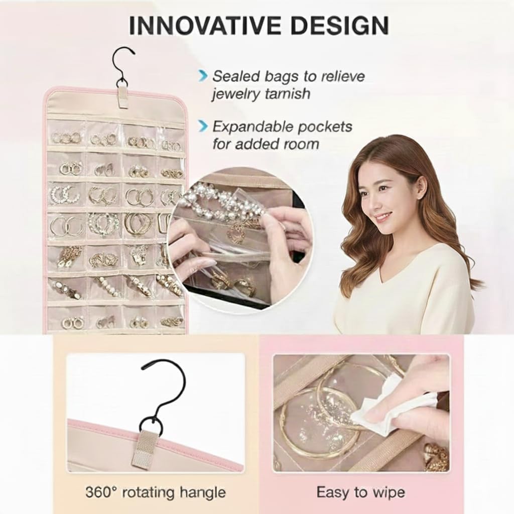 Hanging Jewelry Organizer, Dual-Sided Necklace Holder with Multiple Clear Pockets - Wall Mount & Over The Door Closet Storage for Earrings, Rings, Bracelets - 360° Rotating Hanger (1, pink, XL)