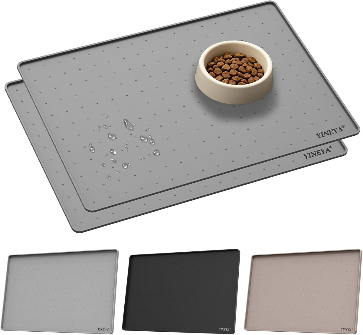 YINEYA 2 Pack Silicone Dog & Cat Food Mat Waterproof 18" x 12", Raised Edge Dog Bowl Mat for Food and Water, BPA-Free Non-Slip Pet Feeding Mats for Floors, Multifunctional Silicone Mat (Gray)