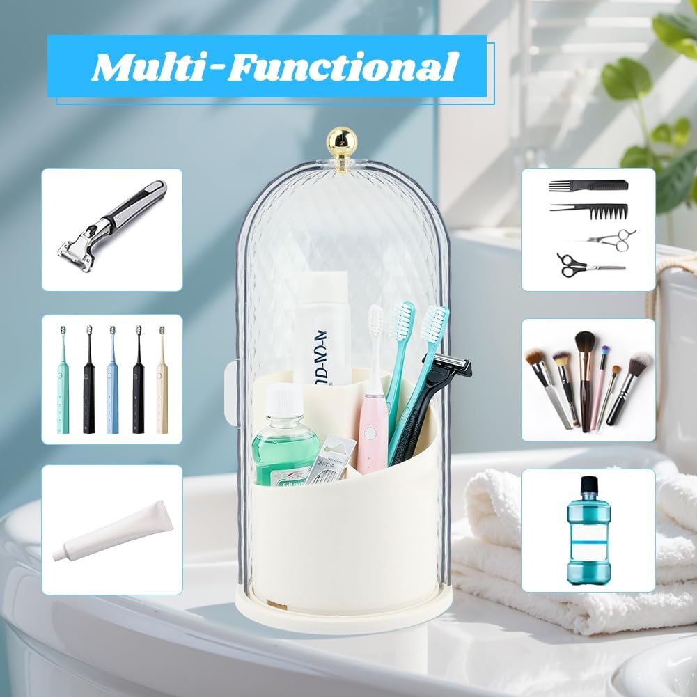 3 Slots Rotating Toothbrush Holder with Cover for Bathroom Countertop