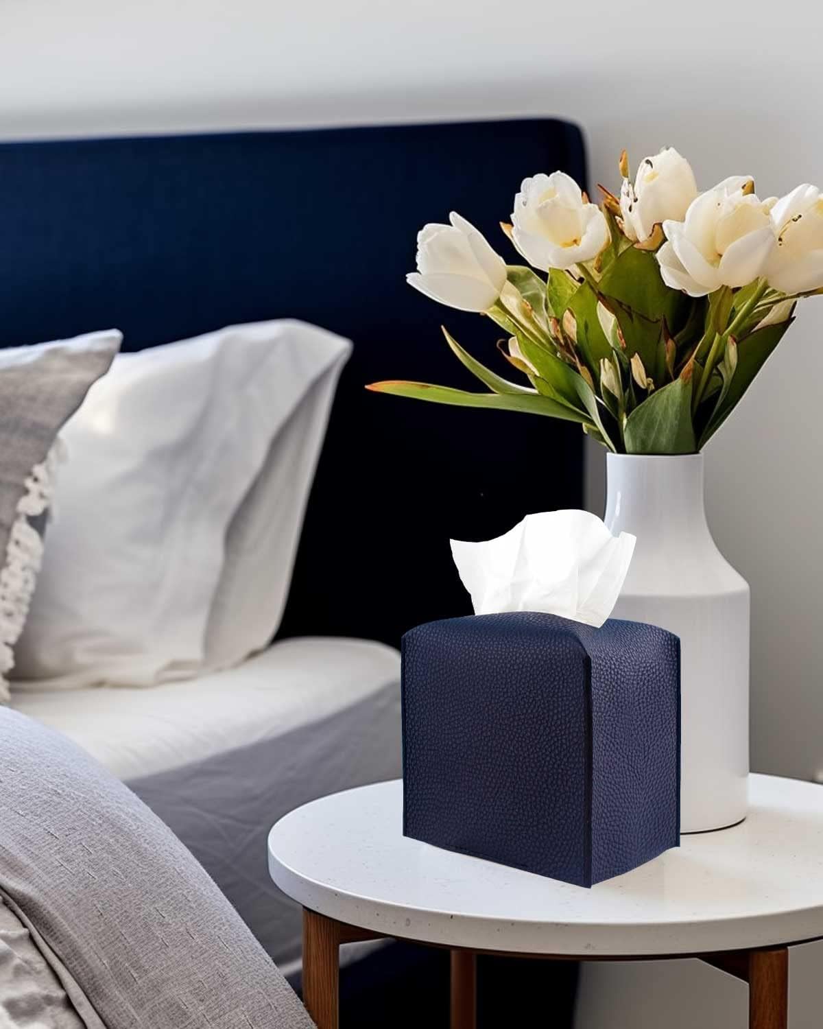 Tissue Box Cover Square Leather – Tissue Box Holder with Bottom Belt [JESMINI, Navy Blue] Decorative Cube Tissue Holder for Bathroom