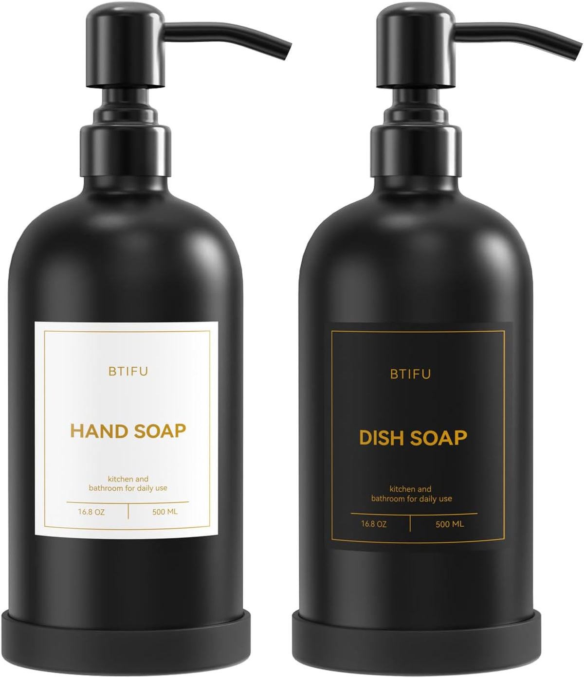Kitchen Soap Dispenser Set – 16.8oz/500ml Glass Hand and Dish Soap Dispenser with Stainless Steel Pumps & Non-Slip Silicone Base, Luxury Countertop Decor for Home, Airbnb, Vacation Rental (Black)