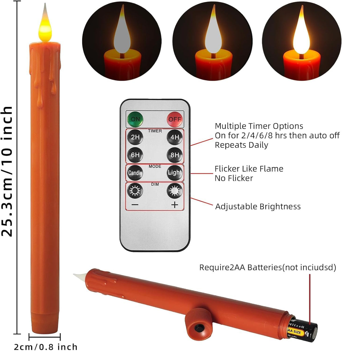 Flameless Taper Candles -10 inch 6 Pack Orange Candle Sticks with 3D Flickering Effect & 10-Key Remote, Realistic Battery Operated Candlesticks for Christmas Decor, Weddings, Halloween, Home Decor