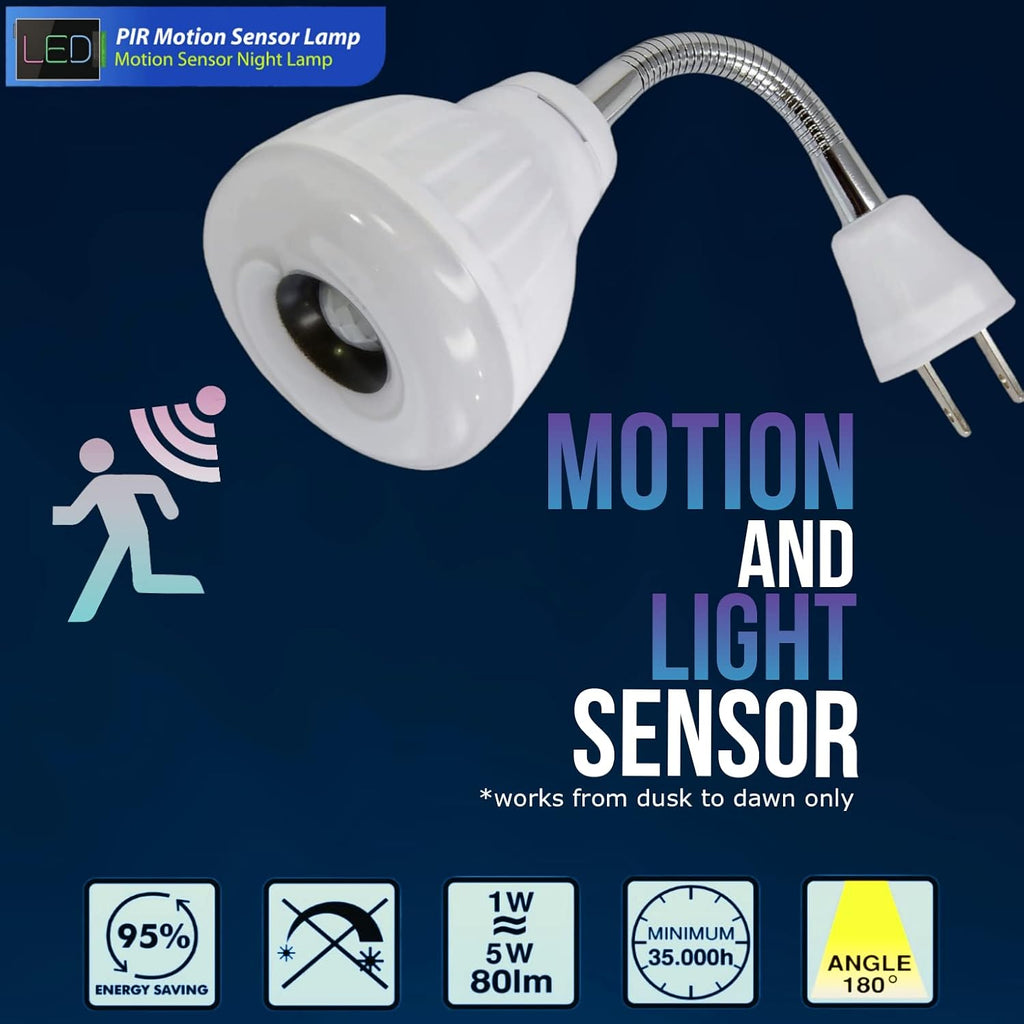 LED Motion-Activated Sensor Dusk to Dawn PIR Night Light AC Outlet Directional Flexible Rotatable 360 Socket Plug-in Wall Stairs Lamp Indoor Closet Cabinet Toilet Garage Ceiling Basement 5W 6500K