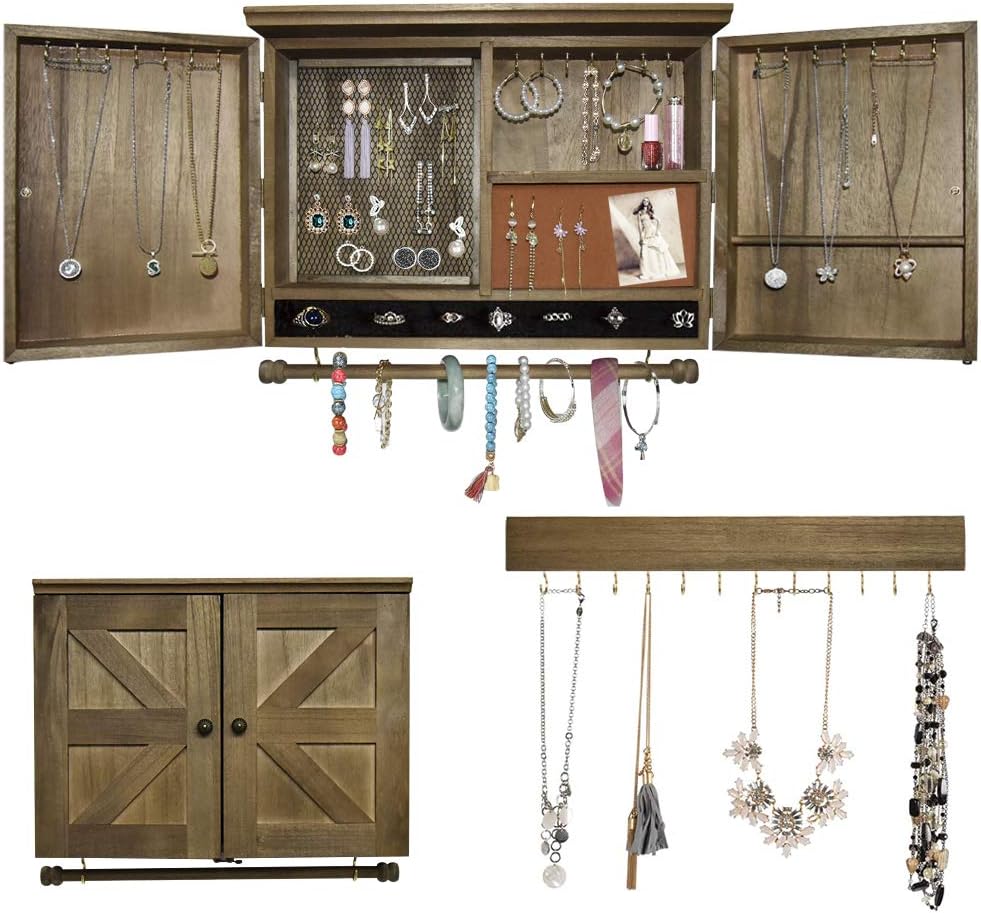 GLANT Rustic Wall Mounted Jewelry Organizer with Wooden Barndoor Decor， Wall Mount Holder,Jewelry holder for Necklaces, Earings, Bracelets，Ring Holder. Includes matching hook organizer (wood color)